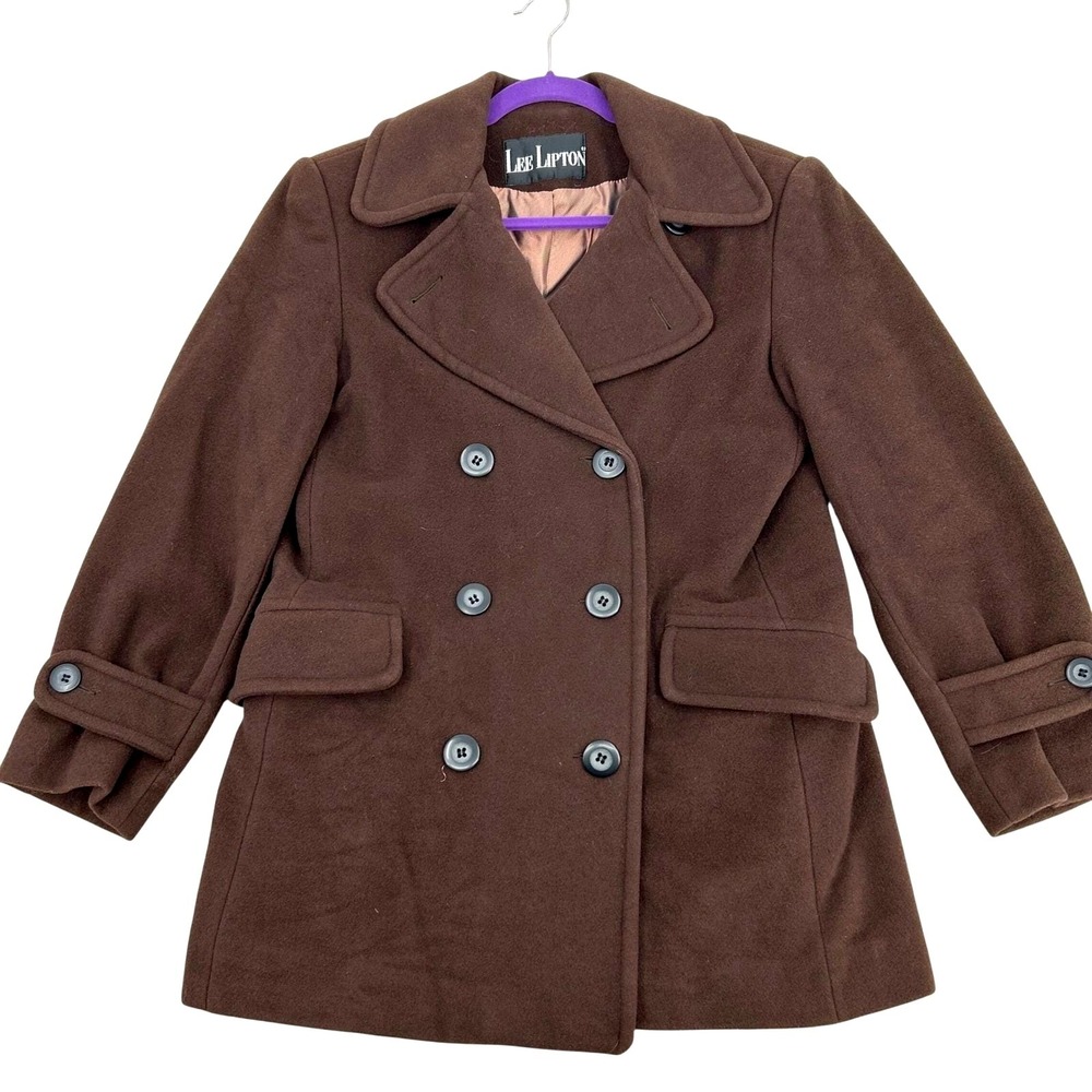 Lee Lipton Pea Coat Women Small Brown Wool Blend Double Breasted Dark Academia